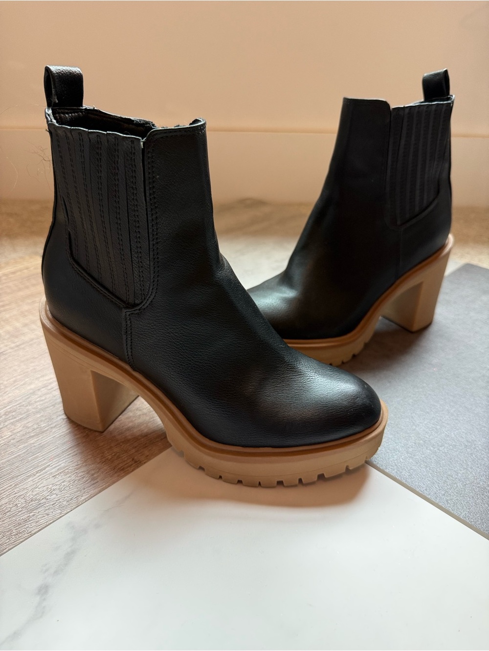 DV by Dolce Vita Black Chelsea Lug Heel Booties with Tan Platform